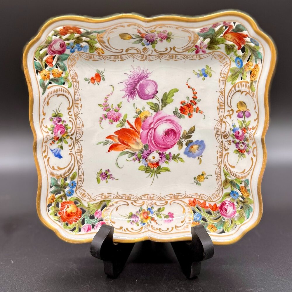 Shumann Dresden Hand Painted Floral Square Porcelain Decorative Bowl Reticulated